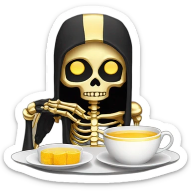 a golden skeleton with black hair and golden eyes drinking tea pixel art sticker