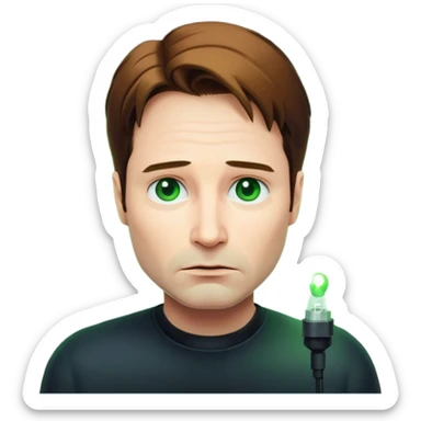 Mulder from the x-files is looking very very worried (not trusting anyone today). A transparent green beam of light from a UFO illuminates him. sticker