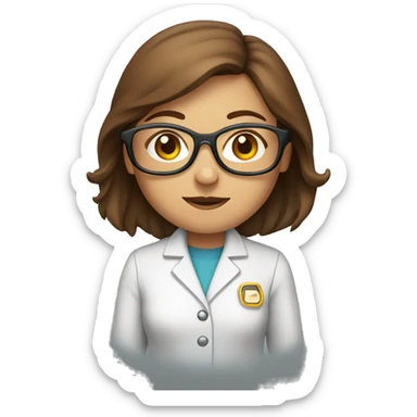 Female scientist emoji with long brown hair, wearing round glasses and a lab coat, facing forward. sticker