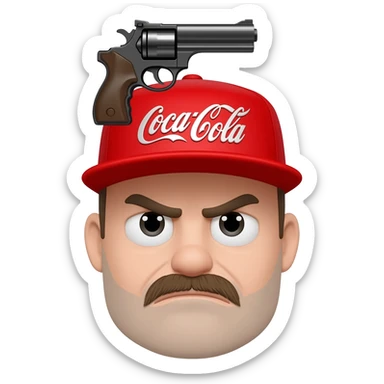 grumpy coca-cola emoji with a cap with a gun on the head sticker
