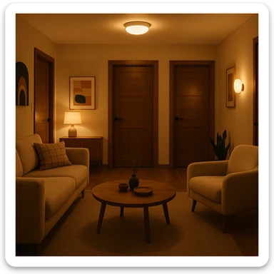 cozy room with three doors, warm lighting, modern decor sticker
