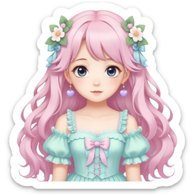cute kawaii anime pastel lady with beautiful hair, wearing a gorgeous dress, fairycore cottagecore style, highly detailed, trending aesthetic sticker