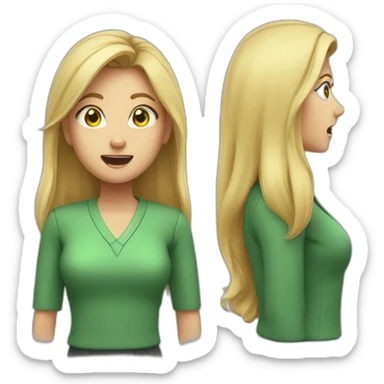 woman teacher long blonde hair green shirt no glasses yelling sticker