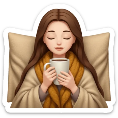 long brown hair woman closed eyes hiding under a cozy wool beige blanket, holding cup of coffee, autumn mood sticker