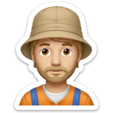 Romanian brown blond ish hair male, 30 yrs old, a little bit of facial hair, bucket hat on the head sticker