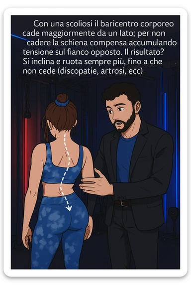 fai questa immagine in versione manga/webtoon a colori, il manga mostra la donna di spalle, mentre l'uomo le tocca la spina dorsale per spiegarle come funziona la scoliosi:
Con una scoliosi il baricentro corporeo cade maggiormente da un lato; per non cadere la schiena compensa accumulando tensione sul fianco opposto.
Il risultato? Si inclina e ruota sempre più, fino a che non cede (discopatie, artrosi, ecc) sticker