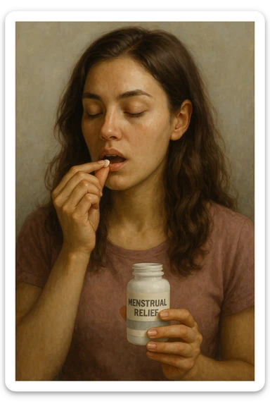 donna che prende pillola per il suo ciclo mestruale. immagine 4k sticker