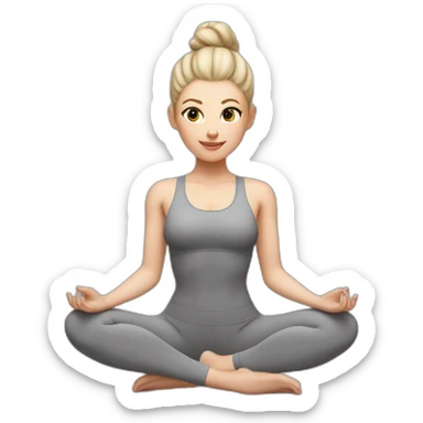 Pale skinned fit woman In a gray tight yoga suit and wristbands With ash blonde hair in a bun doing yoga sticker