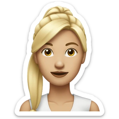 blonde woman with straight hair in ponytail with her finger horizontal under her nose  sticker