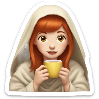 Redhead girl with straight bangs drink tea under blanket sticker