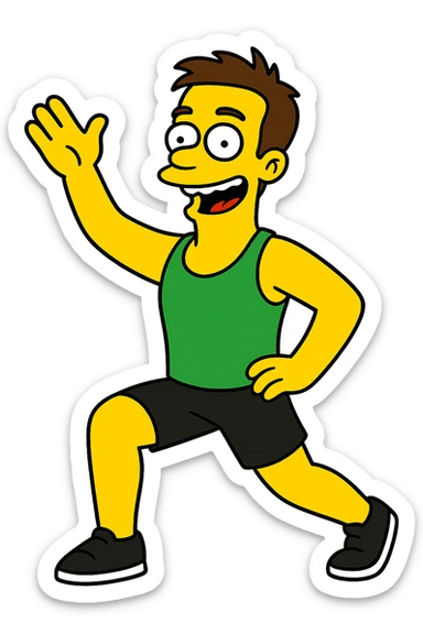 cheerful fitness instructor in Simpsons style, yellow skin, green tank top, black shorts, leading an exercise sticker