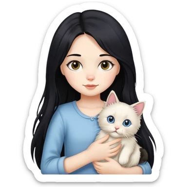 A girl with long black hair holding a cute  Ragdoll cat sticker