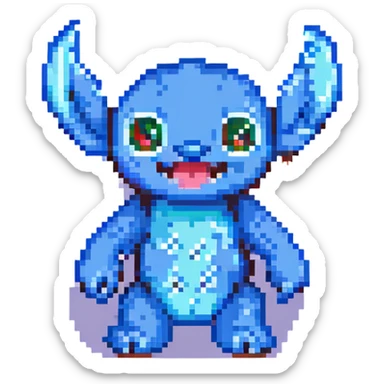 Stitch standing and smiling in pixel art style sticker