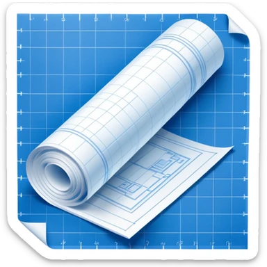 blue blueprint plan with white lines, one slightly rolled up corner, side view sticker