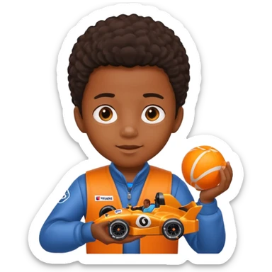 black kid playing orange colored formula 1 toy sticker