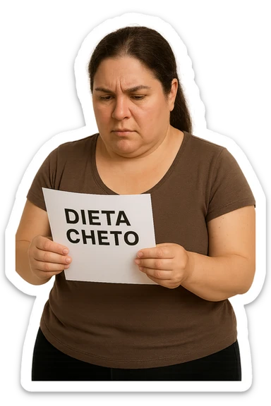 donna realistica leggermente in sovrappeso che legge un foglio con la scritta "dieta Cheto", sfondo bianco, iperrealistica 4k, IPERREALISTICA 4K sticker