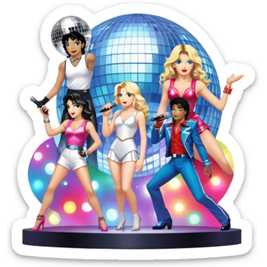Pop music icon: vibrant stage with bright lights, microphone, synthesizer, disco ball. Collage of famous pop artists—Michael Jackson, Madonna, Britney Spears, and Taylor Swift—symbolizing iconic eras. Energetic and dynamic. Transparent background. sticker