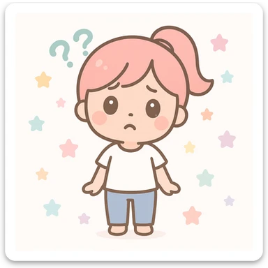 kawaii mini woman with a ponytail, white t-shirt, jeans, and a confused face sticker