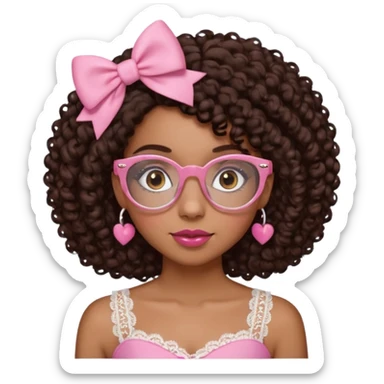 medium kinned afro-latina girl with medium length chocolate brown side part curly hair, small pink bow on the side, with brown glasses, brown eyes, noes piercing, pink and white sweekhart necklined top with lace, round wide-ish nose sticker