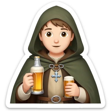 young medieval pilgrim with cloak and beer bottle sticker