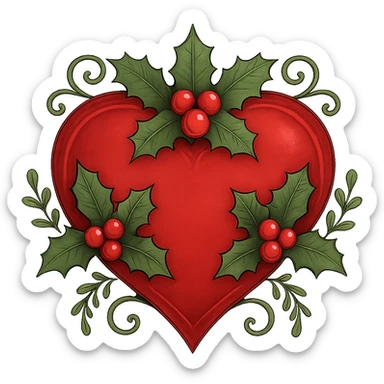 heart with Christmas theme, decorated with holly, red and green, remove background sticker