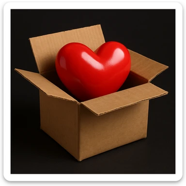 Create an image of a realistic cardboard box with a shiny red heart inside, closely matching the style of the provided reference image but rendered in a 3D emoji style. The box should look like a real cardboard box and the heart should be shiny and red, capturing the 3D emoji aesthetic. sticker