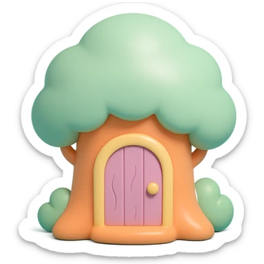 wooden door embedded in a tree, secret forest hideout vibe, vinyl figure style sticker