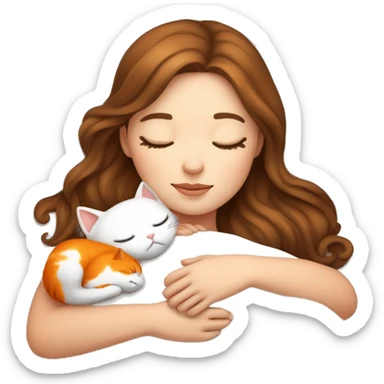 White girl brown hair sleeping with orange kitty sticker