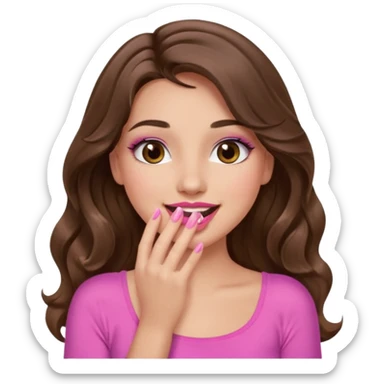 girl with long wavy brown hair, brown eyes, long lashes makeup, pink lips, light to medium complexion, pink sexy top, smiling, hand covering the mouth, giggling sticker