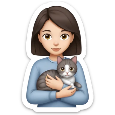 Dark Brown hair girl holding a grey cat sticker