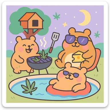 Discord server icon, square format, summer pool cookout with up to 3 hamsters smiling and enjoying themselves, weed leaves, cheese, THC theme, no disco ball, no Discord logo, near a treehouse, possibly in space, pastel toon style, soft pastel colors, playful, nostalgic, fun, inviting, summer party vibe, clear composition sticker