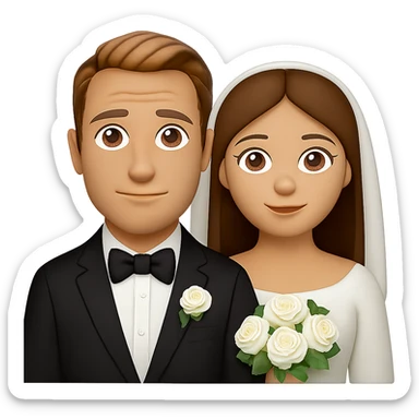 Transform the man into a groom in a wedding suit, and add a bride in a wedding dress standing beside him, both in the same style. The style should match the original image's style. The background should be transparent. sticker