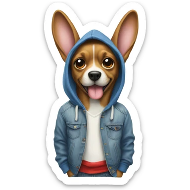Dog wearing a hoodie blue jeans red shoes with hands in pockets with bunny ears sticker