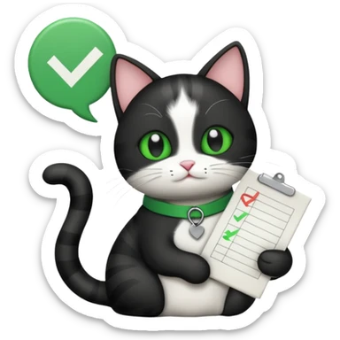 A black and white Cat holding a list with a green check mark symbolizing a task is done. sticker