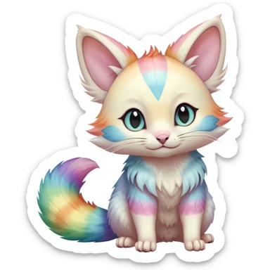  cute adorable pastel-iridescence-gradients albino fur with random colorful iridescent rainbow markings beautiful elegant pretty precious cute  Fakémon-Pokémon-opossum-feline-serval-caracal-chinchilla-Minccino-hybrid-creature with a big fluffy bushy striped tail (full body) sticker