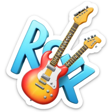 A 3D Apple-style emoji showing the word "ROCK" in bold metallic letters, with a small electric guitar leaning on the text, vibrant glowing effect, playful and energetic cartoon style, symbolizing rock music. sticker