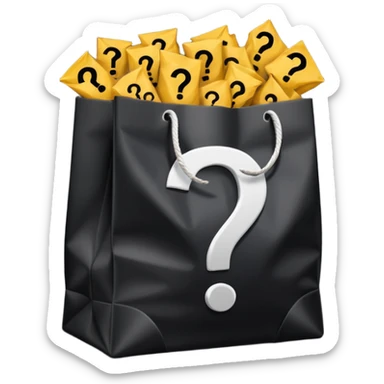 black goodiebag with questions mark boxes stuffed in it sticker