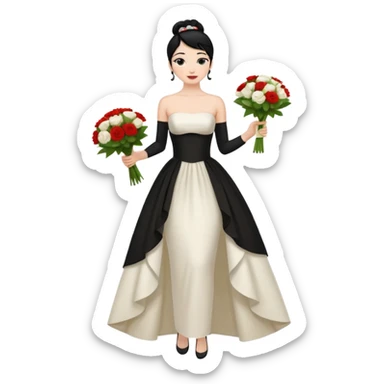Chica blanca,cuerpo entero, vestido boda asimétrico estrecho tirantes , pelo negro,    ramo de flores una mano, pelo recogido en moño alto sticker