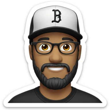 white man with glasses and black beard with a baseball hat backwards and a black t shirt sticker