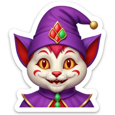 crazy colorful cute little cat jolly joker from poker, medieval, vintage, court jester, mac os icon, purple and red color, half body sticker