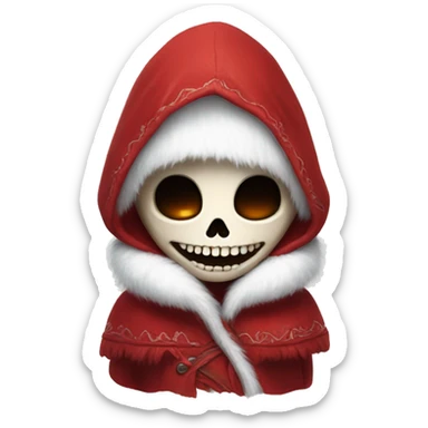 Cute, happy little skull wearing a red velvet hood with fluffy white fur trim. sticker
