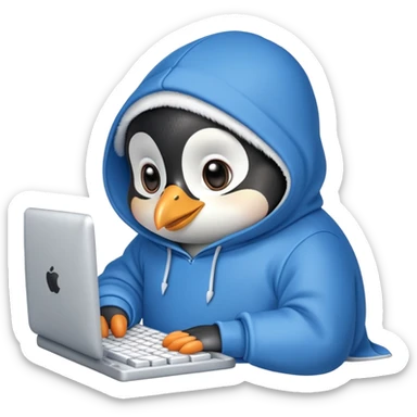 A cute penguin wearing a cozy hoodie typing on a computer keyboard sticker