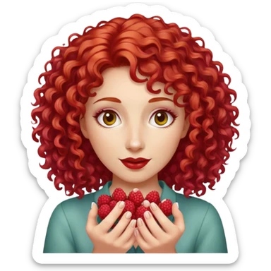 red-haired curly-haired woman holding raspberries in her hands sticker