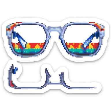 Y2K style pixelated sunglasses with reflective lenses, chrome frames, digital millennium aesthetic sticker