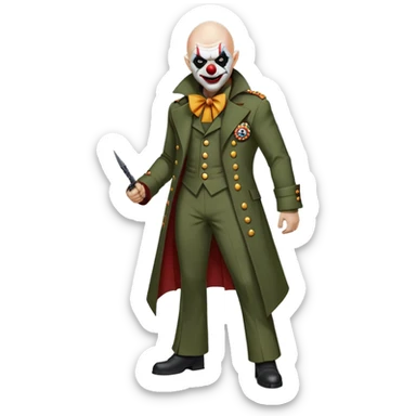 evil clown, bald, small black horns on forehead, fangs, pointed ears, eye patch over one eye, long coat over black and military green leisure suit with bellbottom pants, tail, realistically proportioned, less bulky, full body, battle-ready, fighting posture sticker