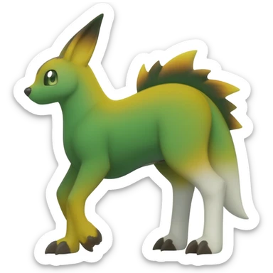Green-yellow-brown-black-white-gradients Trico-Sergal-Furret-Vernid-fusion-Fakemon-animal-hybrid-creature, full body sticker