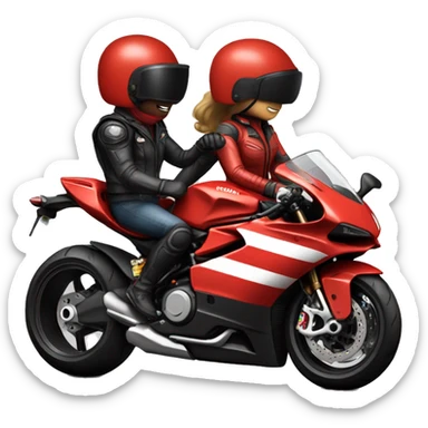 Biker couple wearing helmet , not showing face, in a red ducati 1098 motorcycle  sticker