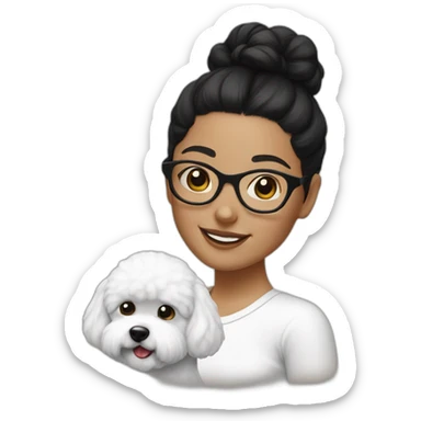 woman-black hair-bun-with glasses-with bichon dog-white-smile sticker