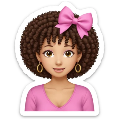 Naturally tan skin girl short darkBrown curly afropink shirt very long lashes hoop gold earrings Brown eyes gyaru smiling closed mouth cute bow hairclip small on the side. V neck pink shirt. Teenager sticker