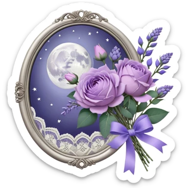 Under the soft light of a vintage brass lantern, a small bundle of lilac roses, indigo peonies, and delicate lavender sprigs is tied with a lace ribbon in a muted violet hue. Above, the sky is scattered with tiny silver stars, reflecting gently in the antique hand mirror with a moon-shaped handle beside the bouquet. sticker